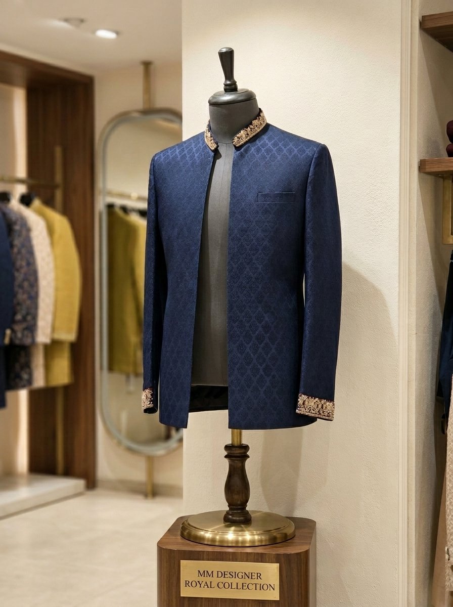 Royal  Blue Hand made Embroidered Open Prince Coat